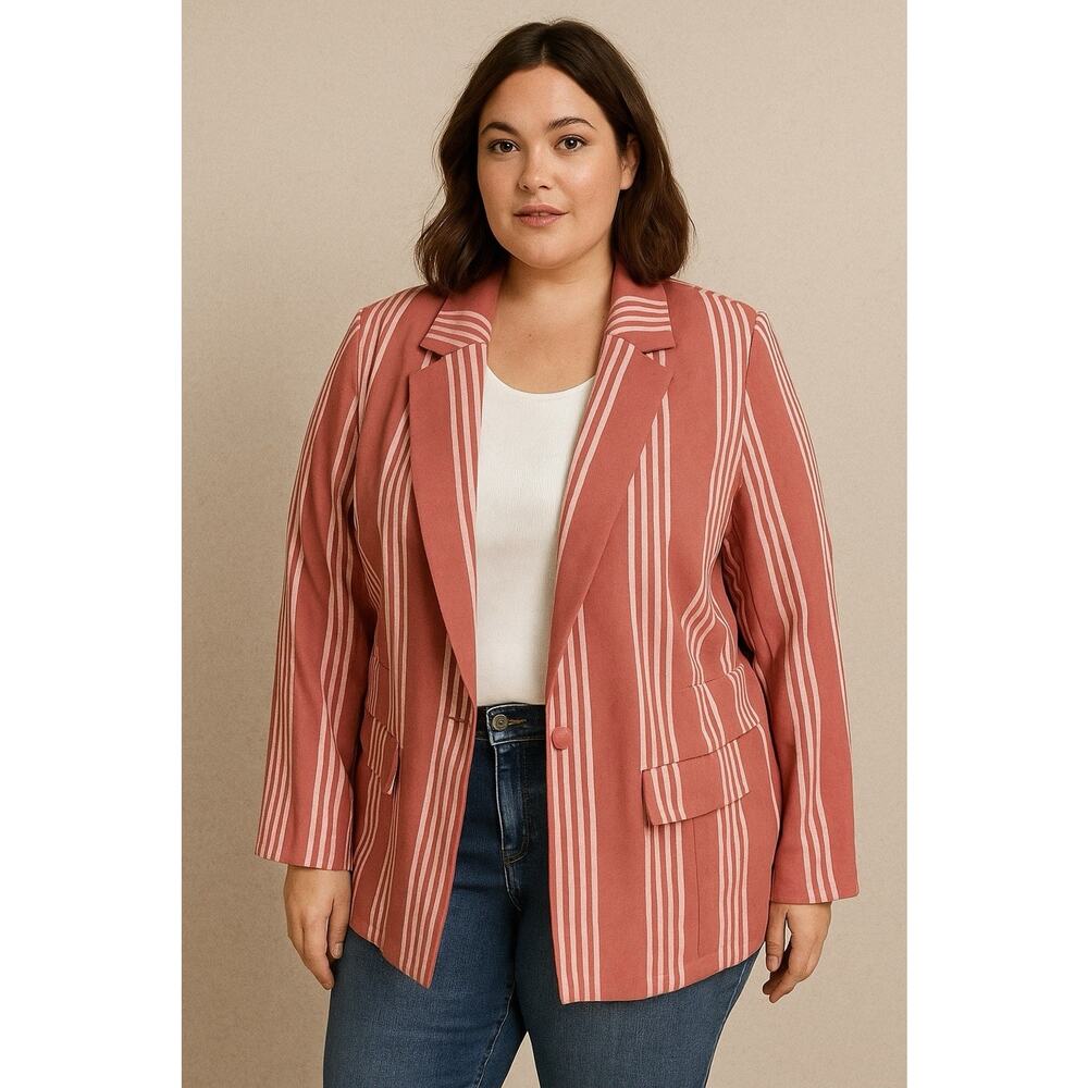 Torrid Women's Blazer One Button Striped Pink Sz 1 US 14/16 Pockets Preppy New